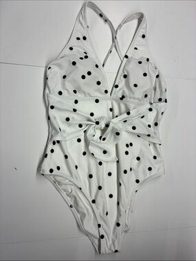 NEW Shade & Shore White Polka Dot One-Piece Swimsuit with Waist Tie Size Medium